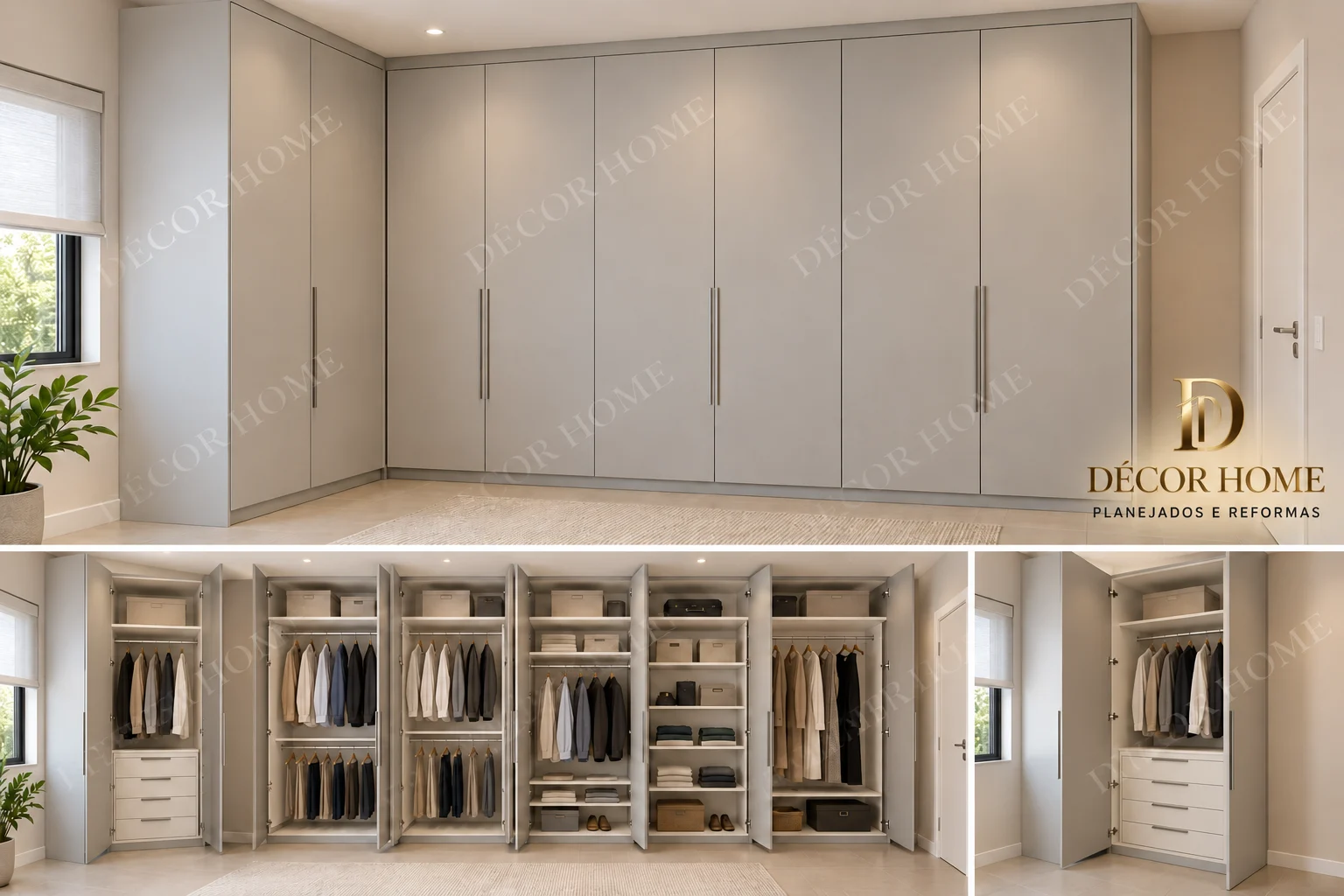 Projeto de guarda-roupa em L com vistas das portas fechadas e divisões internas